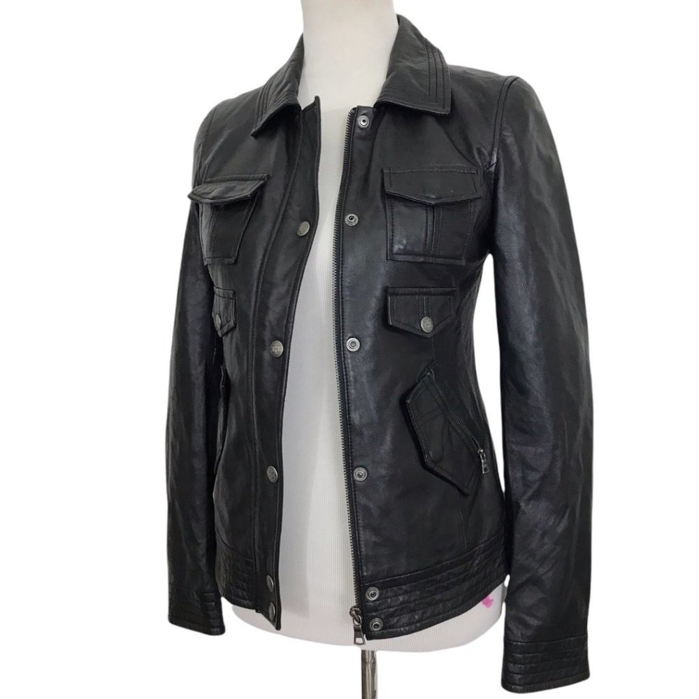 Trina Turk 100% Leather Jacket Black Flap Pockets Zipper Cuffs Snap Button Front